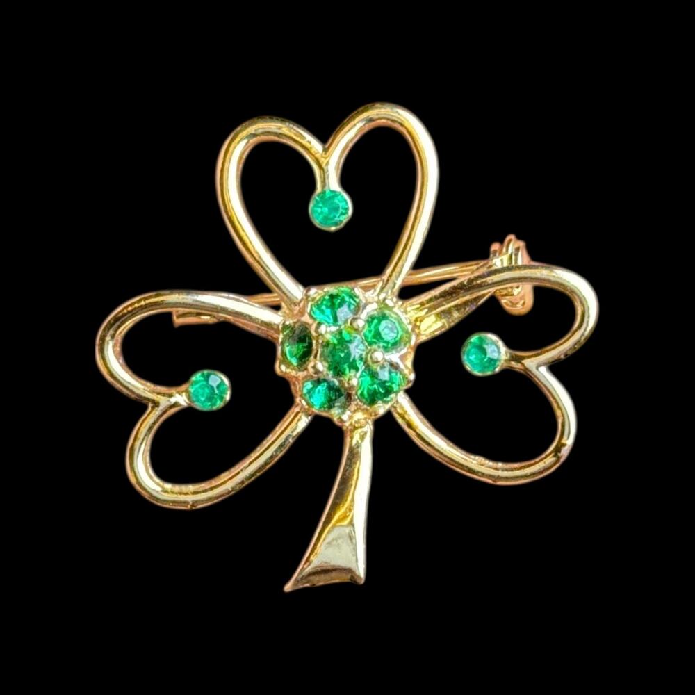 Vintage BEATRIX Signed Green Rhinestone Shamrock Heart Brooch Pin